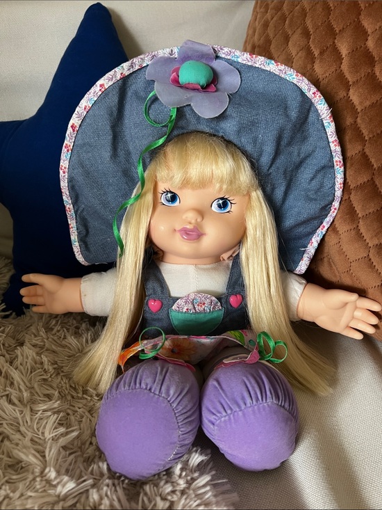 DSI Toys Other - VINTAGE 1990s DSI Toys Baby Pick Me Up doll TALKS & GIGGLES!! denim & floral